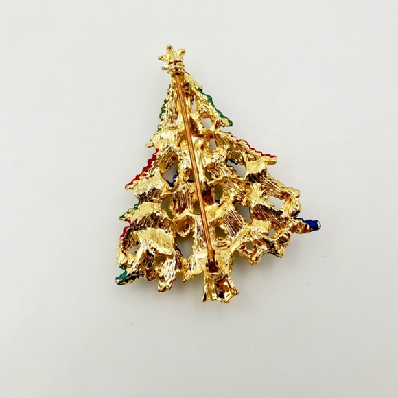 CHRISTMAS TREE PIN Gold Enamel Rhinestone - Picture 4 of 4